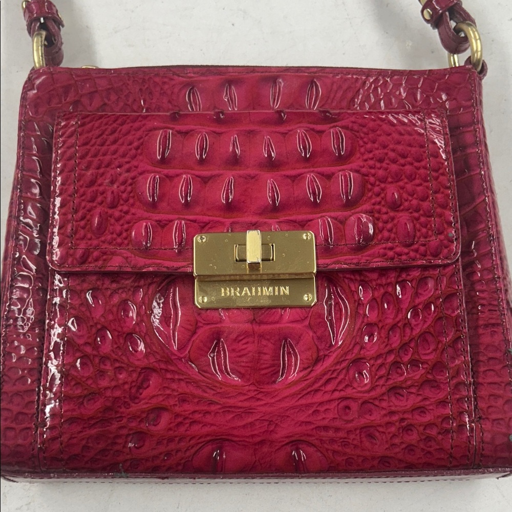Brahmin Magenta Croc-Embossed Leather Crossbody with Gold Hardware